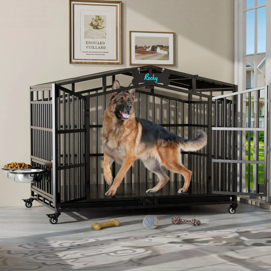 Heavy Duty Dog Crate Metal Kennel With Lockable Wheels