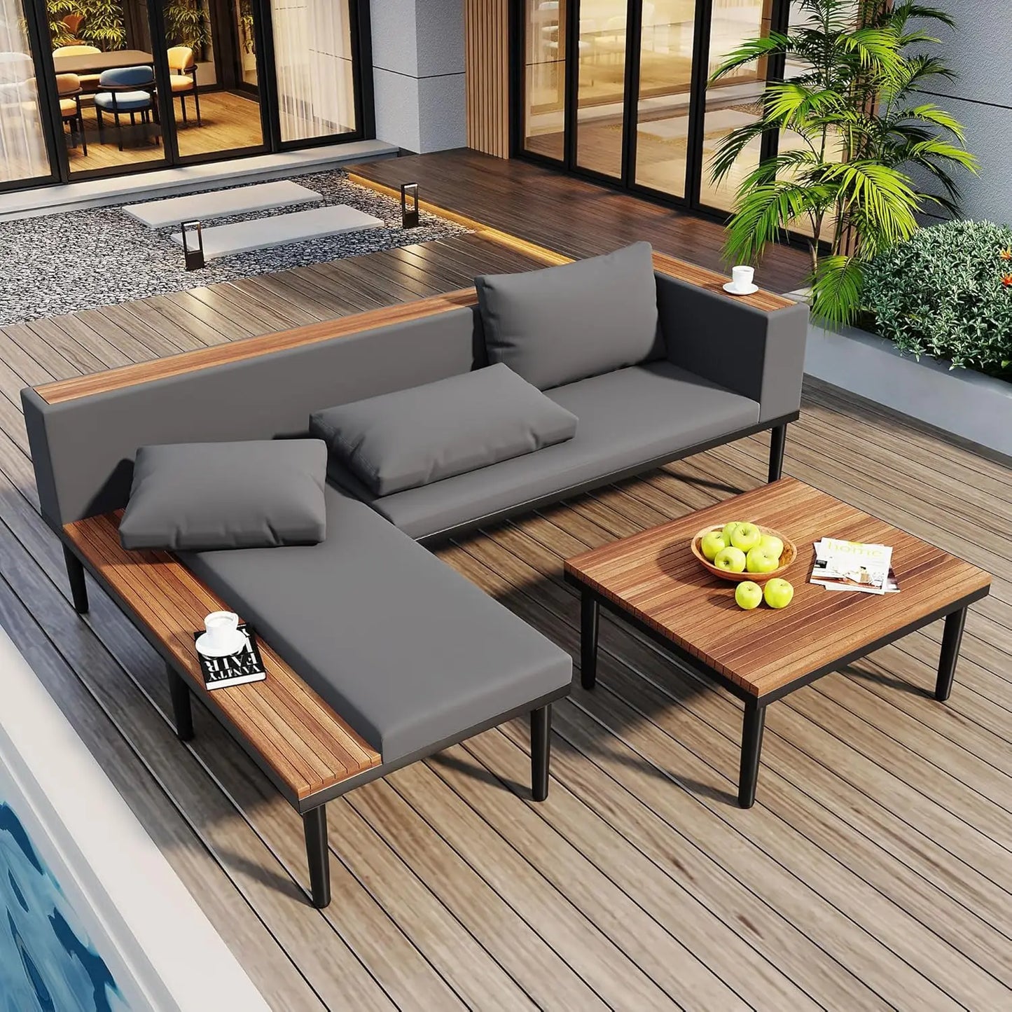 Acacia Wood 4pc Outdoor Sectional Sofa Set With Cushions