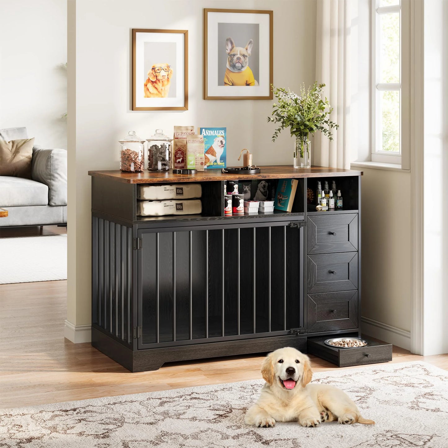 HiMISS Farmhouse Wooden Dog Crate With Six Storage Drawers Kennel End Table