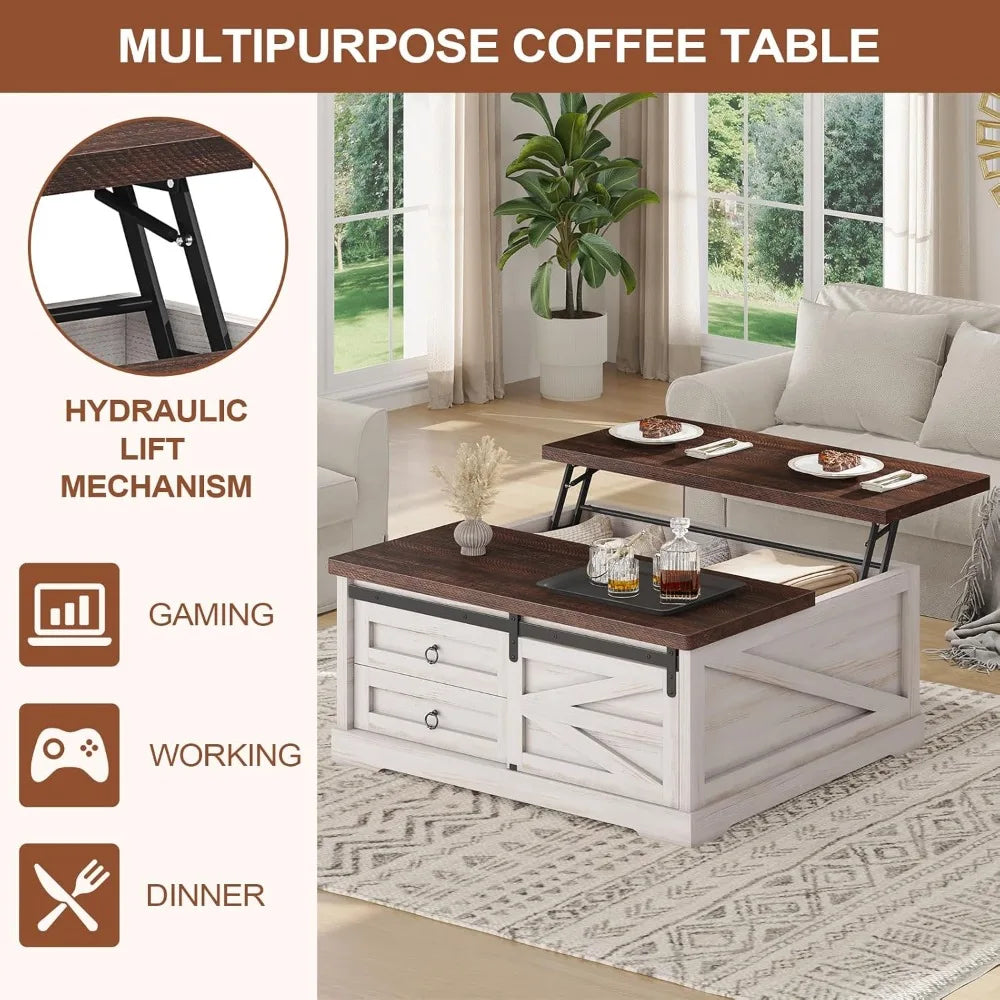 39.4'' Lift Top Coffee Table with Storage, Farmhouse Style, Adjustable Height & Drawers for Living Room