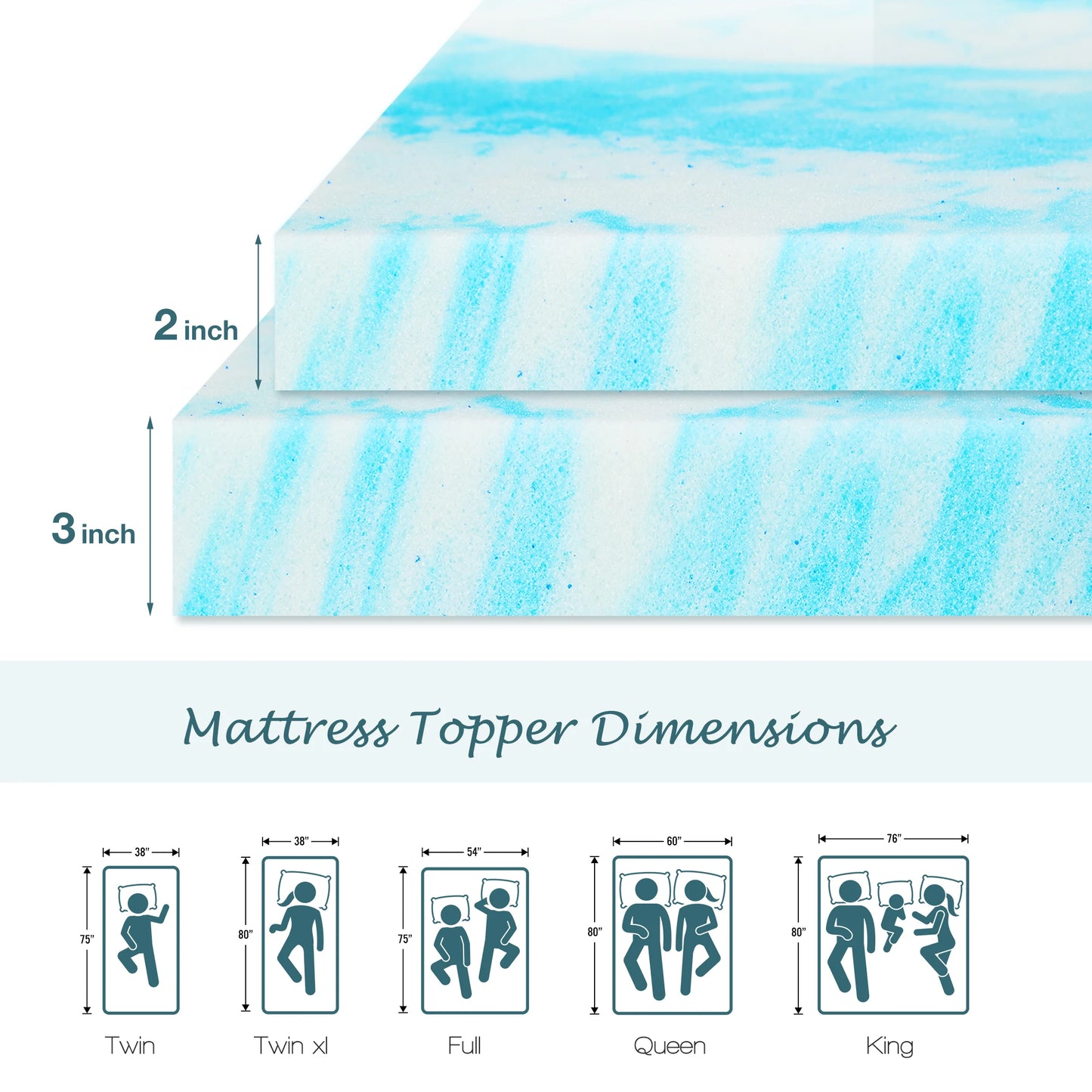 JHK Gel Memory Foam Mattress Topper For Cooling Comfort