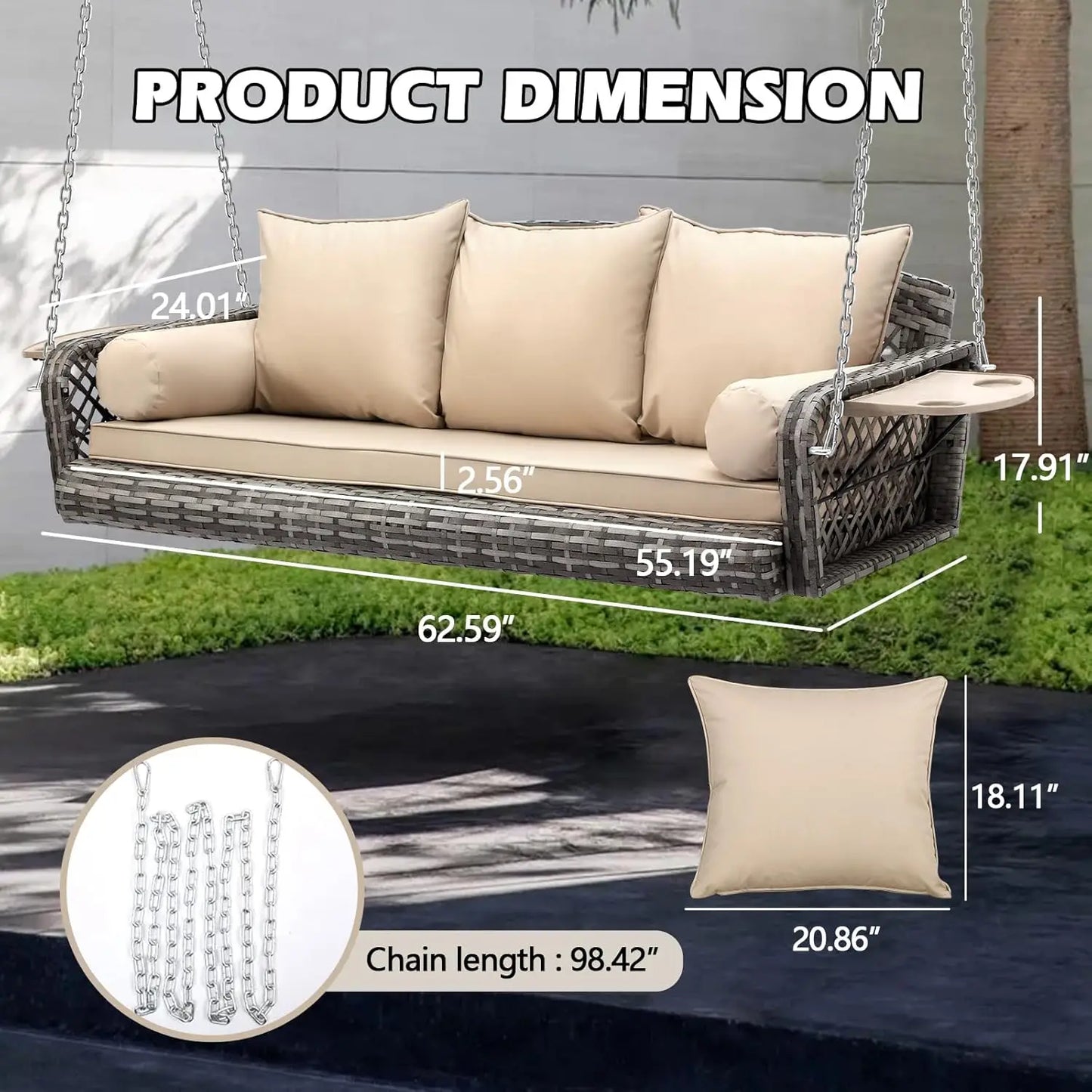 HUANZHUANG Three-Seater Wicker Hanging Porch Swing