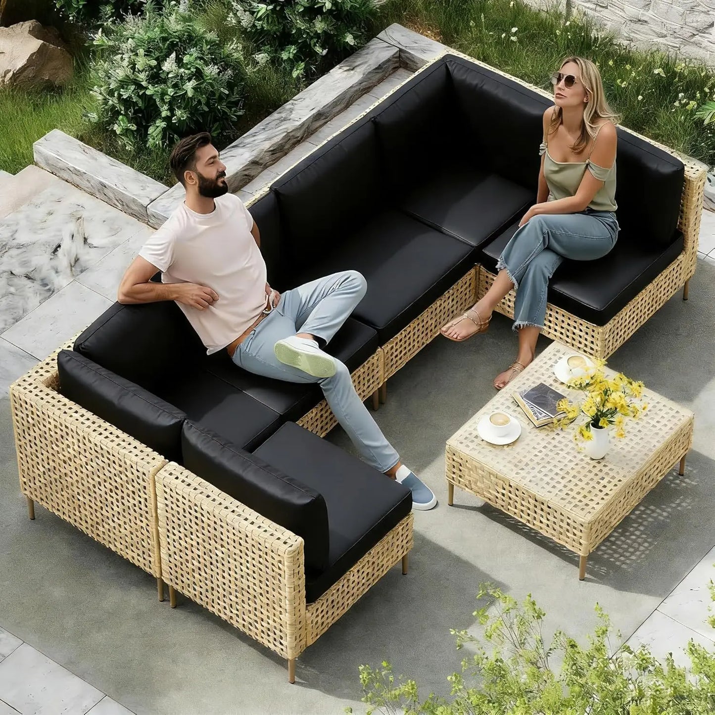 7 Piece Wicker Outdoor Sectional Sofa Set With Coffee Table
