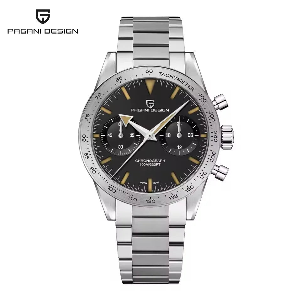 PAGANI DESIGN Retro Luxury Quartz Mens Watch Stainless Steel Chronograph