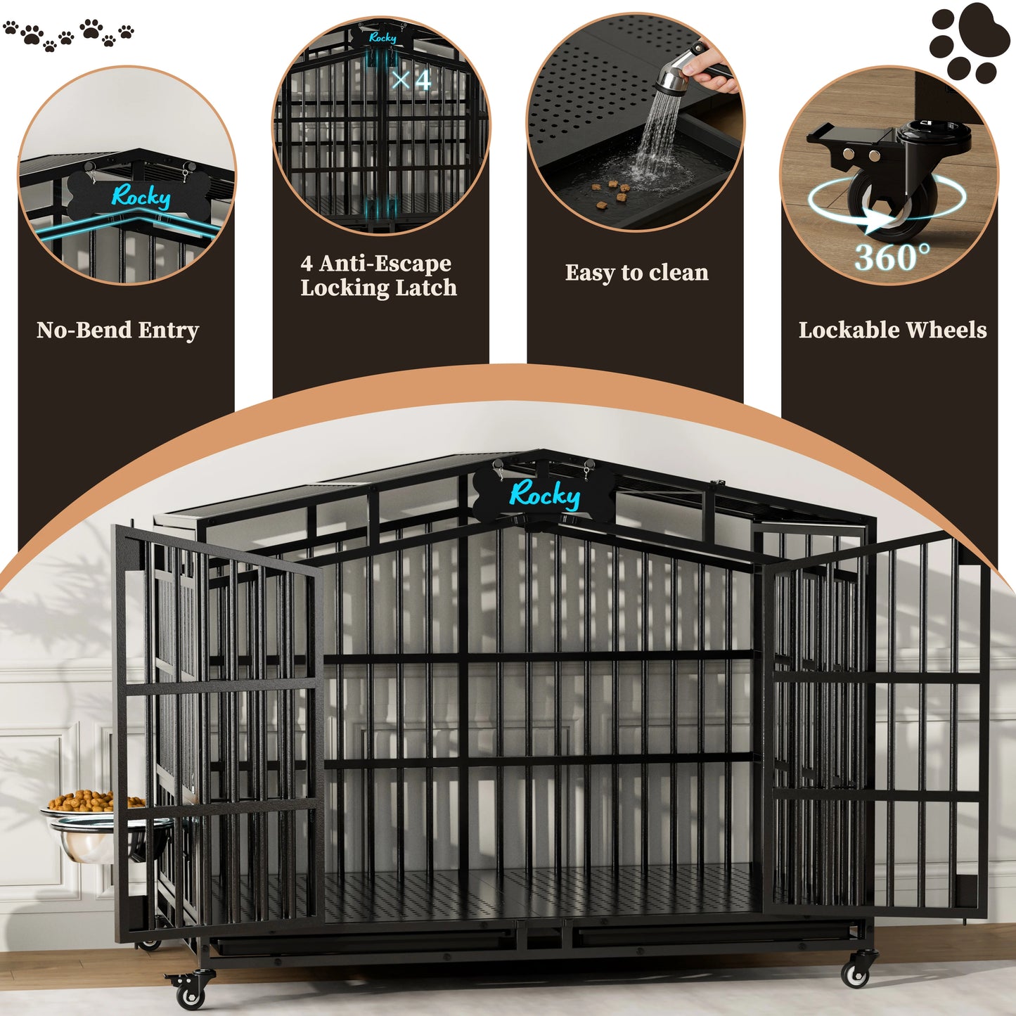 Heavy Duty Dog Crate Metal Kennel With Lockable Wheels