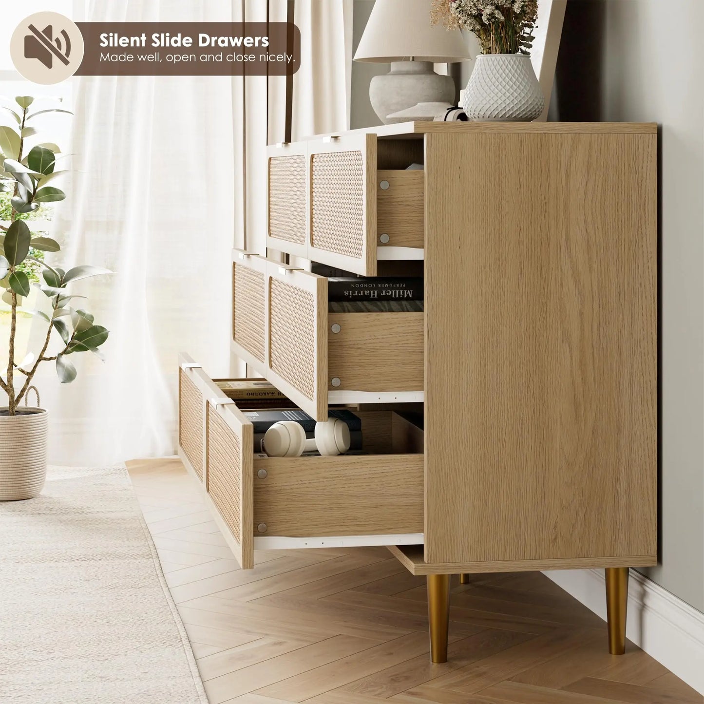 HiMISS Rattan Dresser With Handwoven Wood Finish Storage
