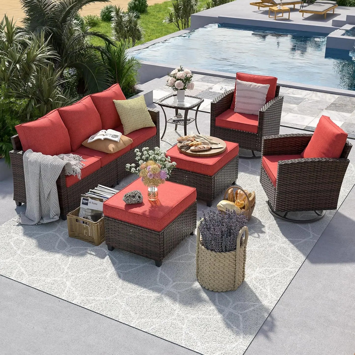 PE Rattan Sectional Sofa Set With Swivel Chairs And Table