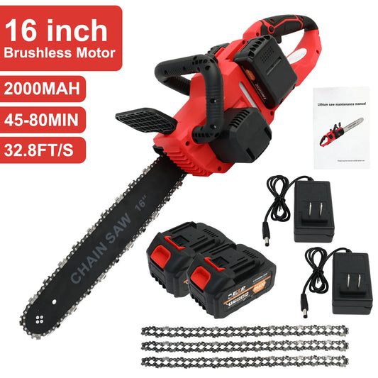 16 Inch Electric Chainsaw Cordless 42V 1350W Brushless Two Batteries 3 Chains 2 Chargers for Woodworking Cutting Tree Trimming