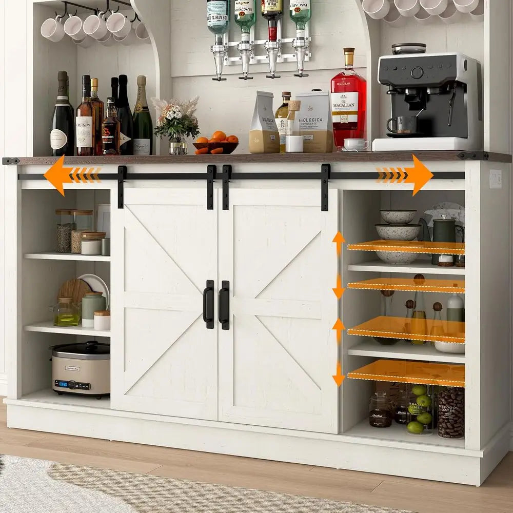63W x 71H LED-lit Farmhouse Coffee Bar Cabinet with Sliding Doors, Wine Rack, Charging & Glass Holders Customized