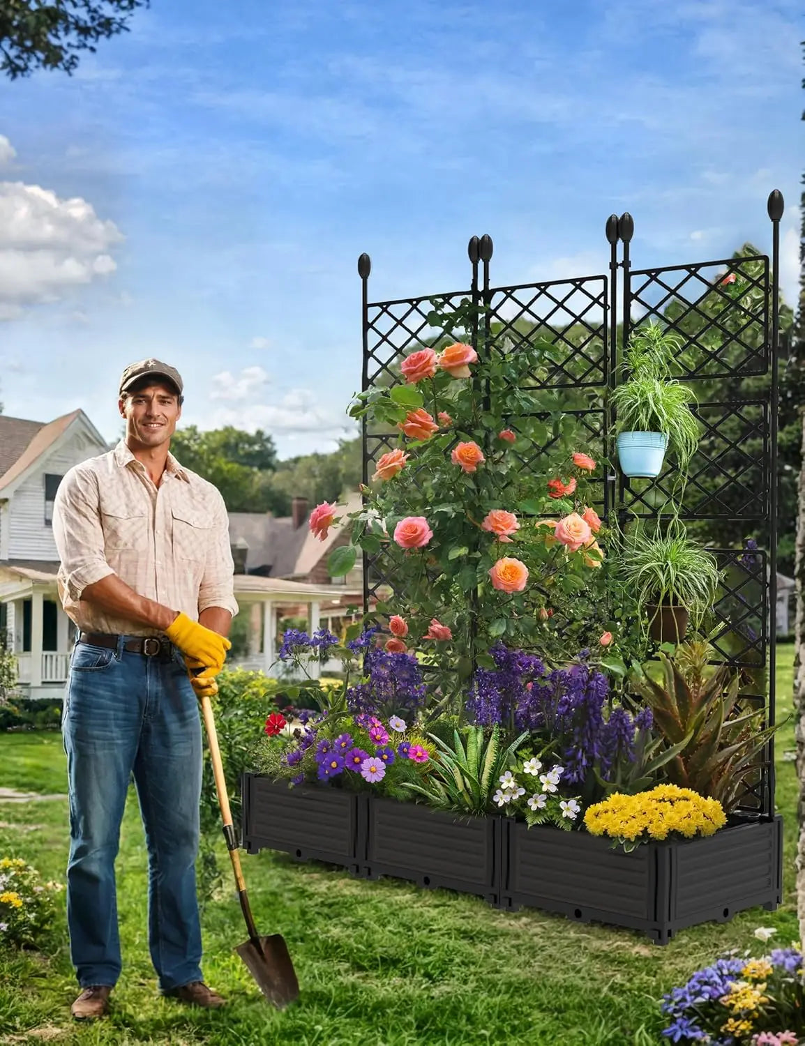 3Pcs Outdoor Raised Planter Box with Trellis Plastic Raised Garden Beds and Metal Trellis for Climbing Plants,Flowers,Vegetables