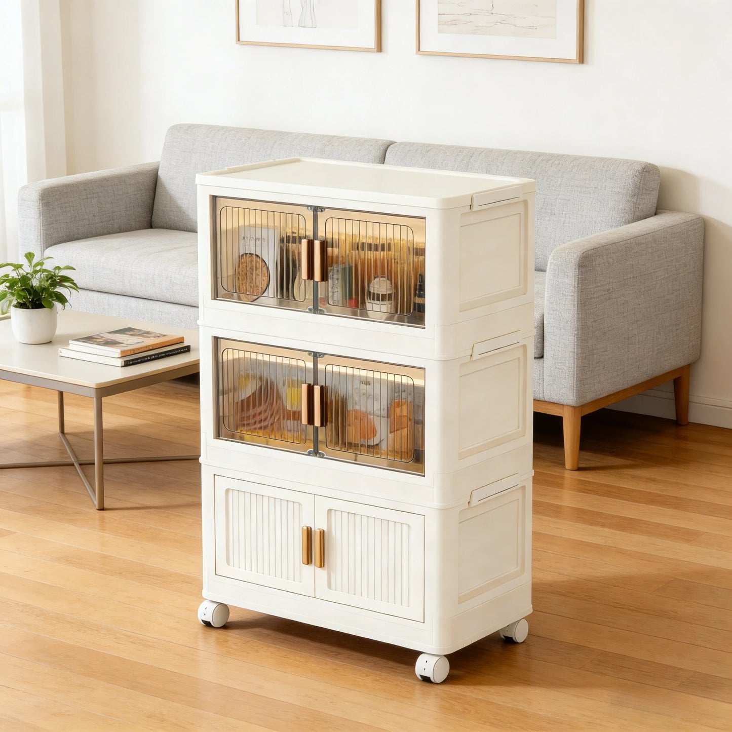 Stackable Versatile Storage Cabinet With Doors And Wheels Plastic Organizer