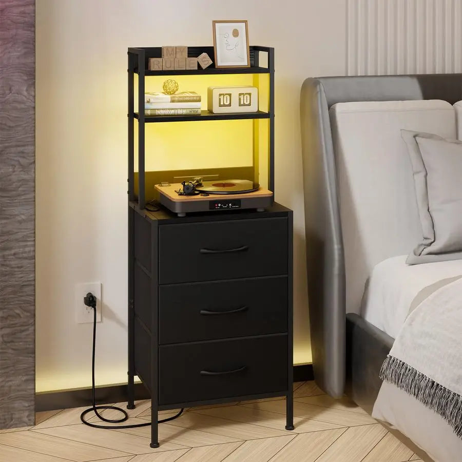 41 Inch Tall Nightstand with Charging Station, Led Night Stand with USB Port amp Socket, 3 PU Finished Fabric Storage Drawers,
