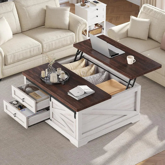 39.4'' Lift Top Coffee Table with Storage, Farmhouse Style, Adjustable Height & Drawers for Living Room
