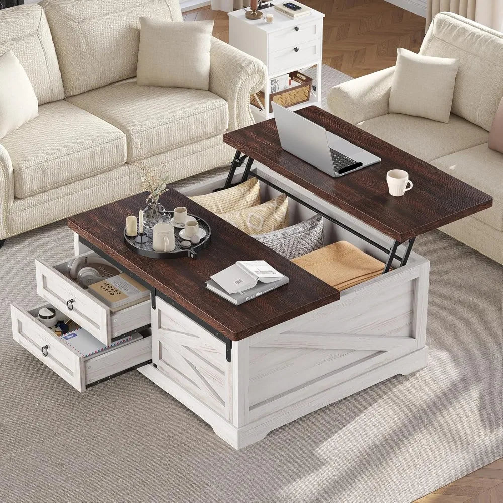 39.4'' Lift Top Coffee Table with Storage, Farmhouse Style, Adjustable Height & Drawers for Living Room
