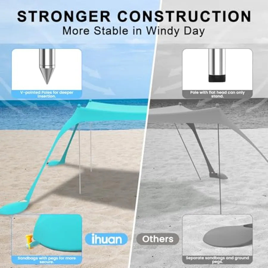 Beach Tent Shelter UPF50 With 4 Aluminum Poles Easy Setup