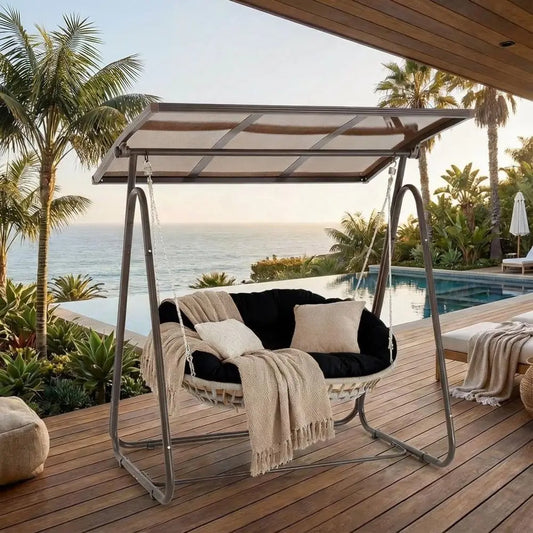 Weatherproof Rattan Swing Chair With Cushions and Adjustable Hardtop Patio