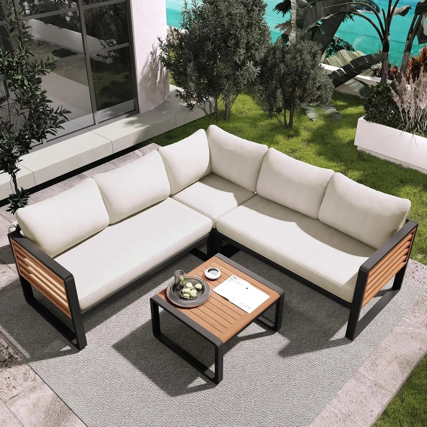 Acacia Wood 4pc Outdoor Sectional Sofa Set With Cushions