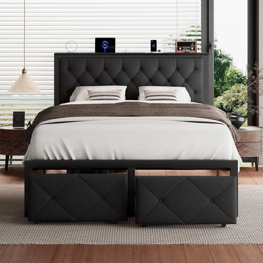 Queen Bed Frame with 2 Storage Drawers, Linen Upholstered Headboard Platform Bed with Charging Station, No Box, Customized