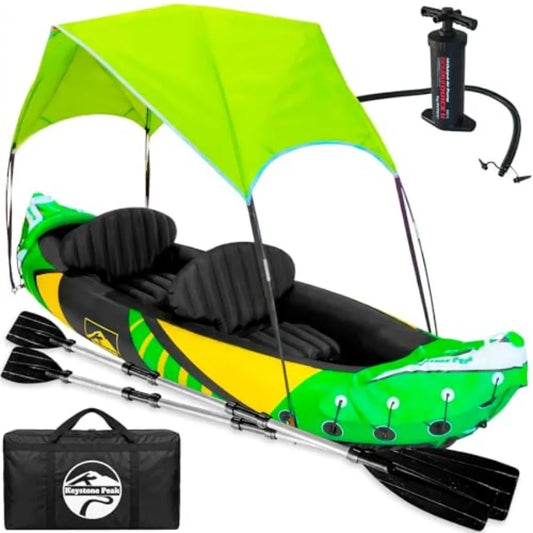 Two Person Inflatable Kayak With Detachable Sun Canopy And Paddles