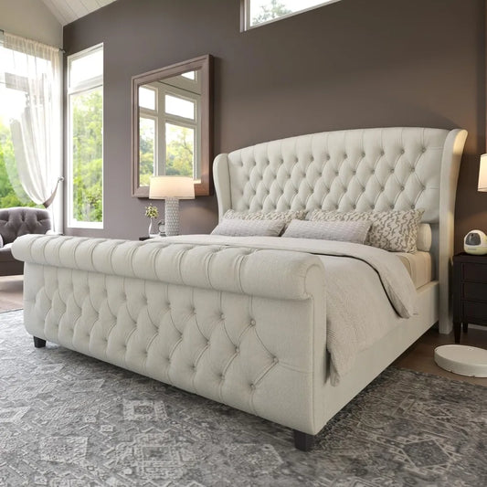 California King Size Platform Bed Frame, with Scroll Wingback Headboard & Footboard, Velvet Upholstered Sleigh Bed