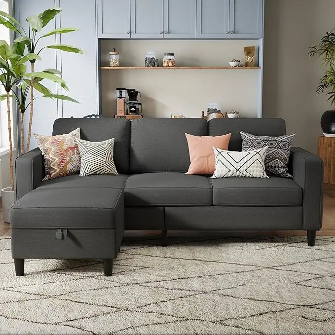 L-Shaped Sectional Sofa With Storage Ottoman For Living Room