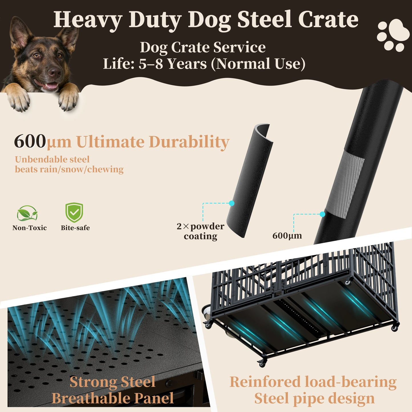 Heavy Duty Dog Crate Metal Kennel With Lockable Wheels
