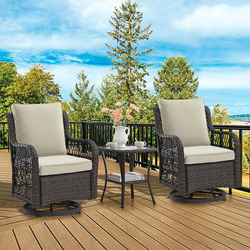 3-Piece Wicker Swivel Rocking Patio Set, 2 Chairs & Glass Table, Rattan Outdoor Furniture With Cushions For Patio Porch Backyard