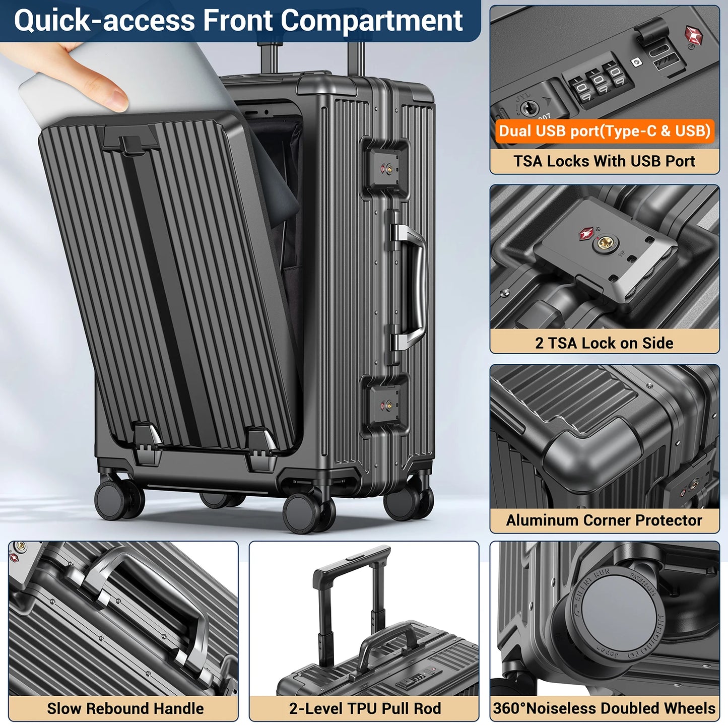 Airline Approved Aluminum Framed Carry On Luggage With Front Laptop Compartment