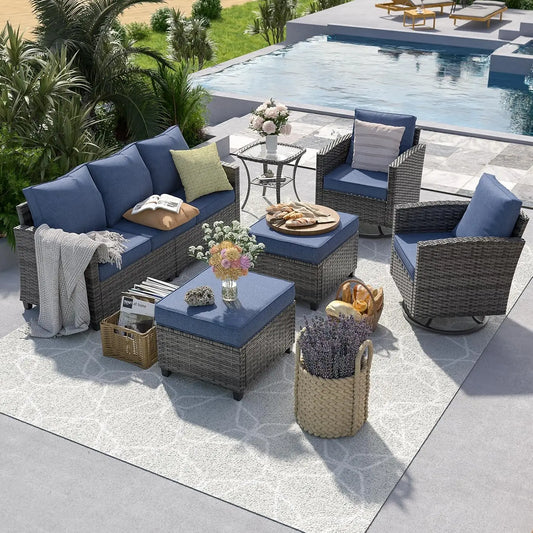 PE Rattan Sectional Sofa Set With Swivel Chairs And Table