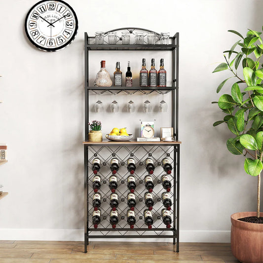 Freestanding Floor Wine Rack,Tall Wine Holder Stand with Wine Glass Holder,Storage Shelves,Wood Metal Stackable Bakers Rack,Mode