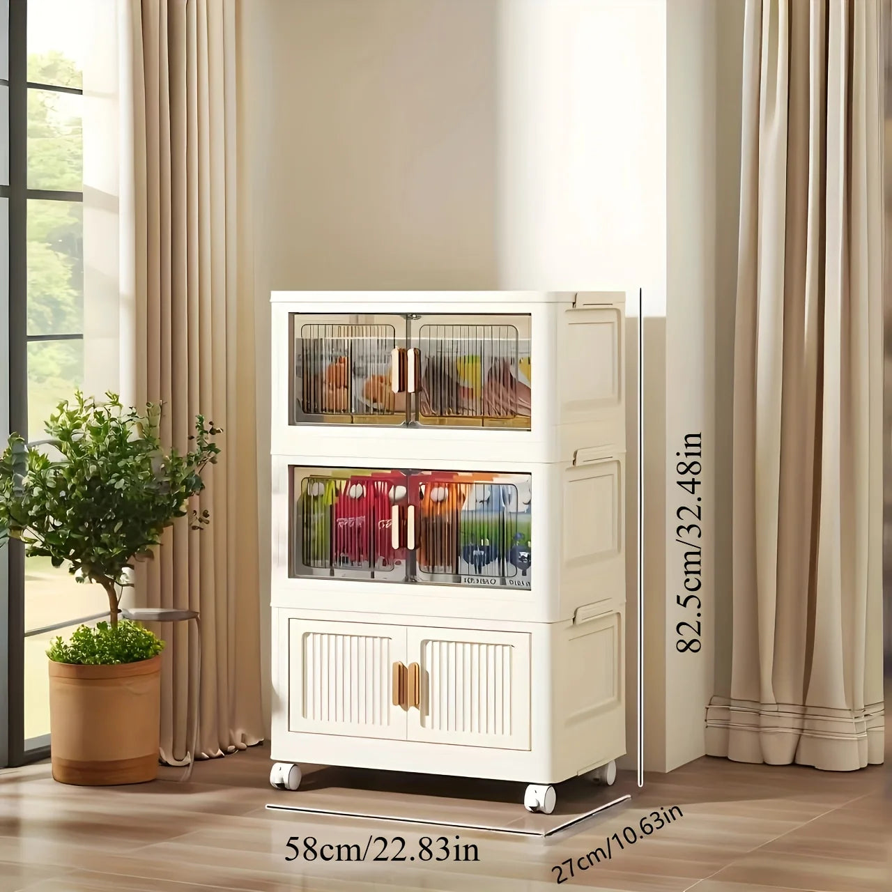 Stackable Versatile Storage Cabinet With Doors And Wheels Plastic Organizer