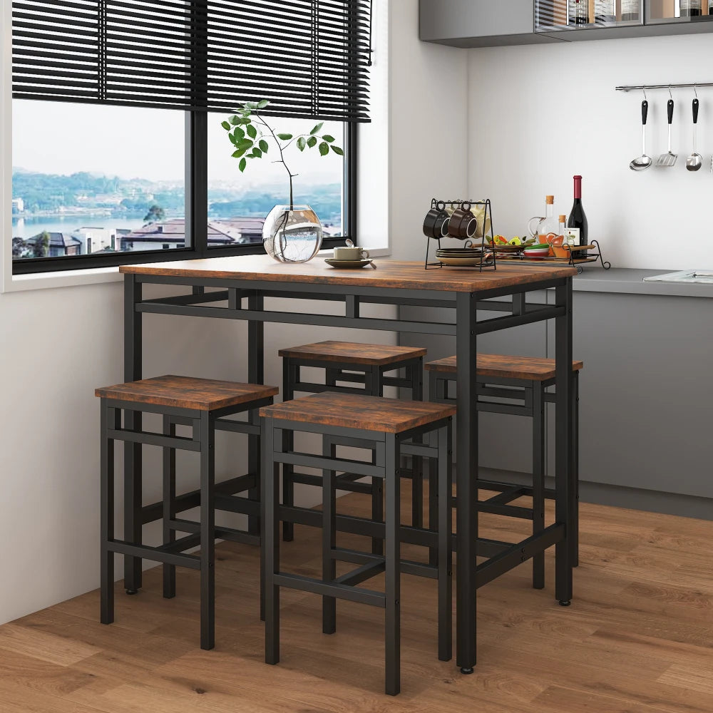 Bar Table Set 5PC Dinging Table Set High Stools Structural Strengthening Industrial Style Rustic Brown 43'' L X 23'' W X 35'' H.