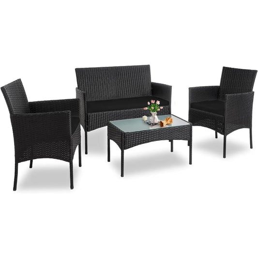 Outdoor Wicker Patio Conversation Set With Cushions And Glass Table