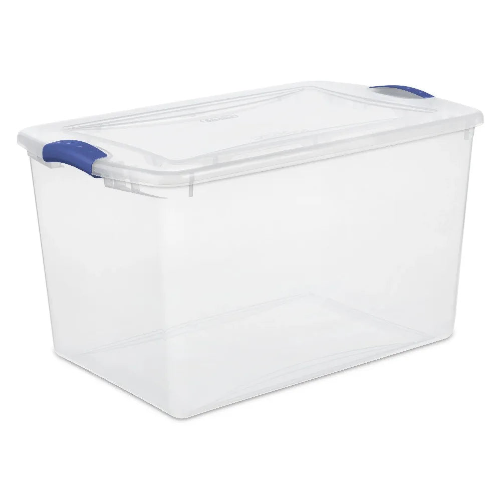 (4 pack) Sterilite Large Storage Bin, 66 Quart Clear Plastic Storage Container with Latch Lid, Blue