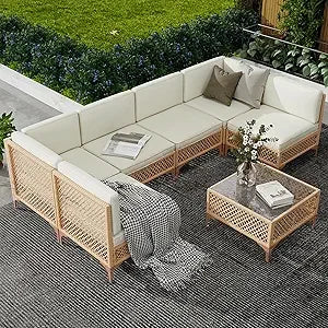 Outdoor Wicker Patio Sectional Set Boho Sofa With Coffee Table