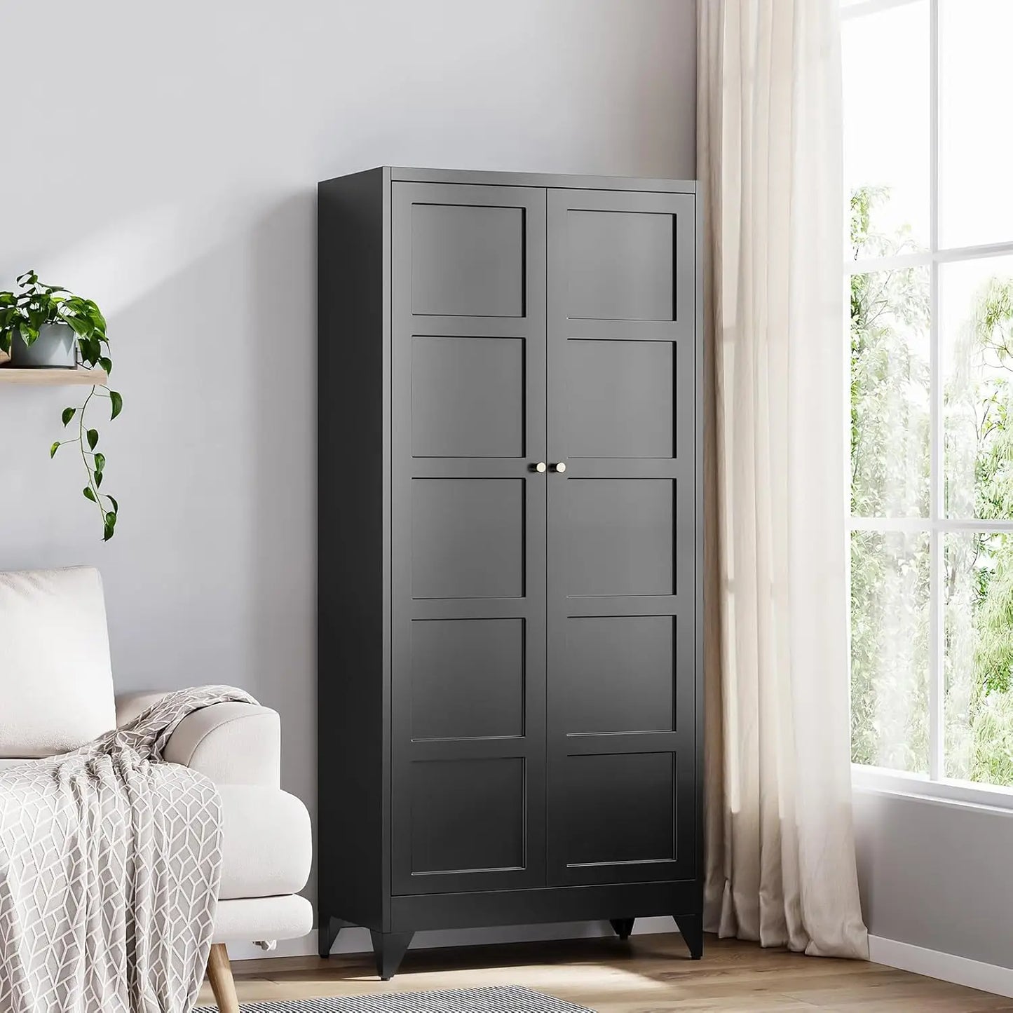 2 Doors and 4 Adjustable Shelves - 61" White Kitchen Pantry Storage 5-Tier Tall Steel Cabinets Locker for Kitchen,