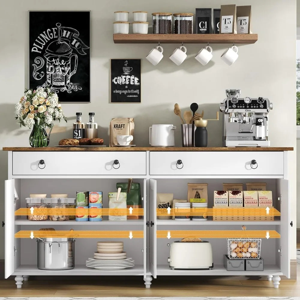 55'' Large Farmhouse Buffet Cabinet with Storage, 4 Doors & 2 Drawers, Adjustable Shelves for Kitchen Dining Room