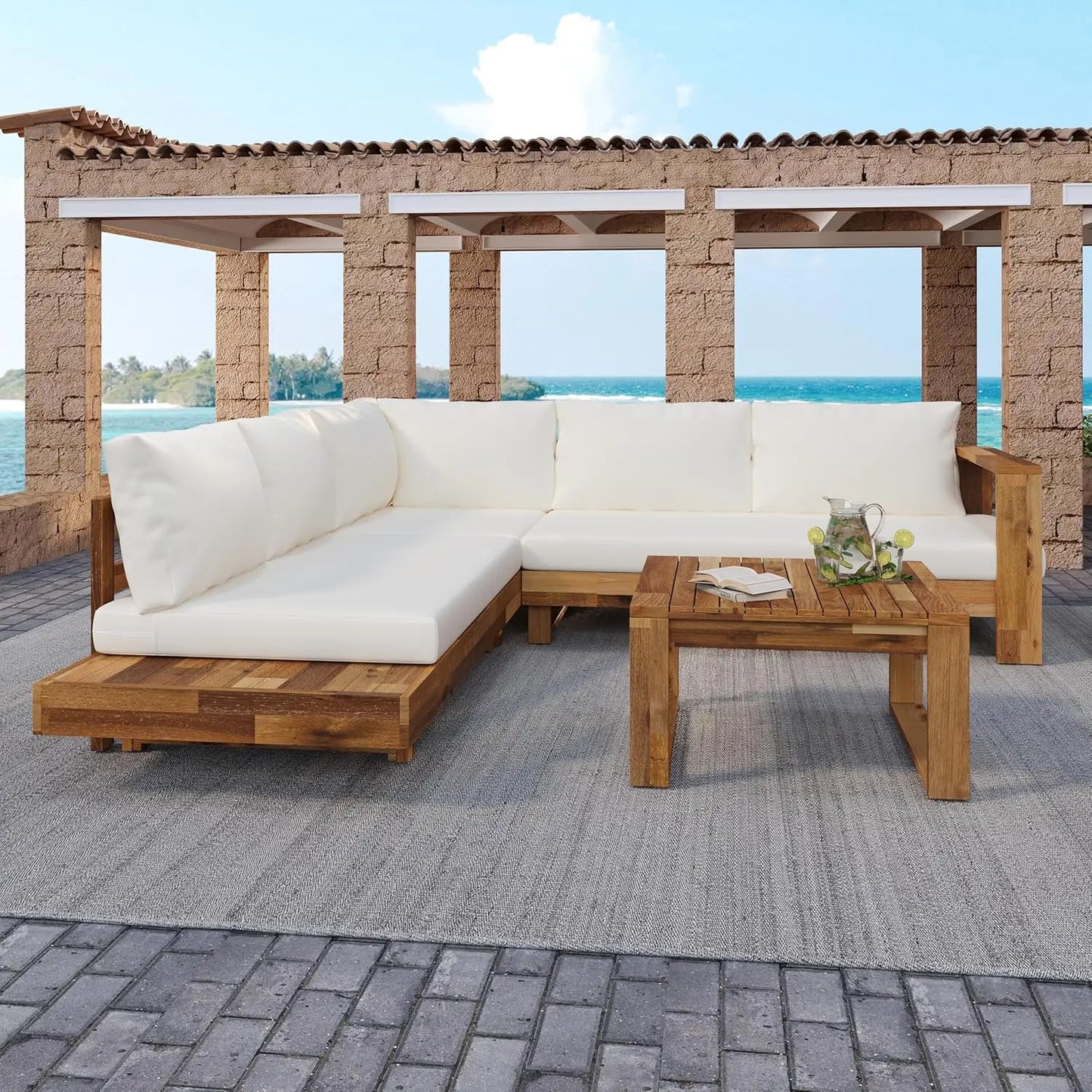 Acacia Wood 4pc Outdoor Sectional Sofa Set With Cushions