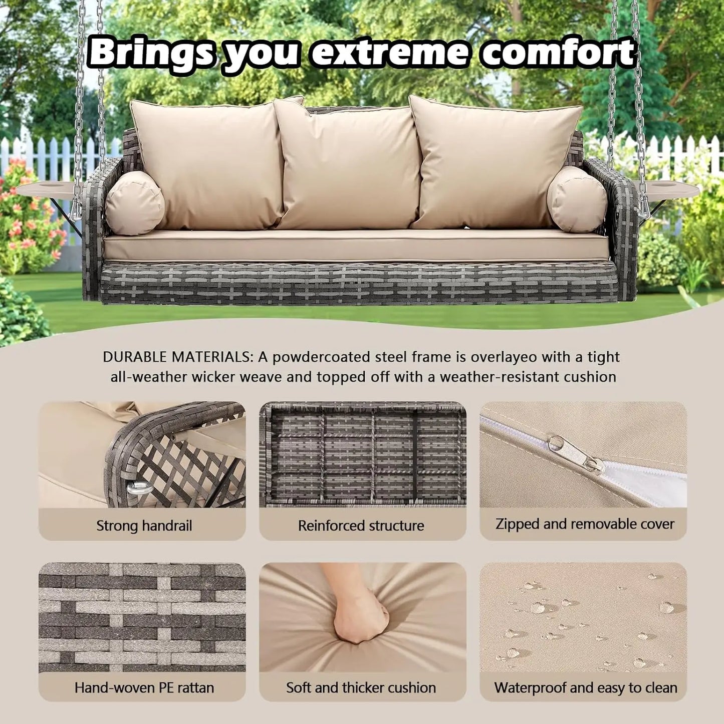 HUANZHUANG Three-Seater Wicker Hanging Porch Swing