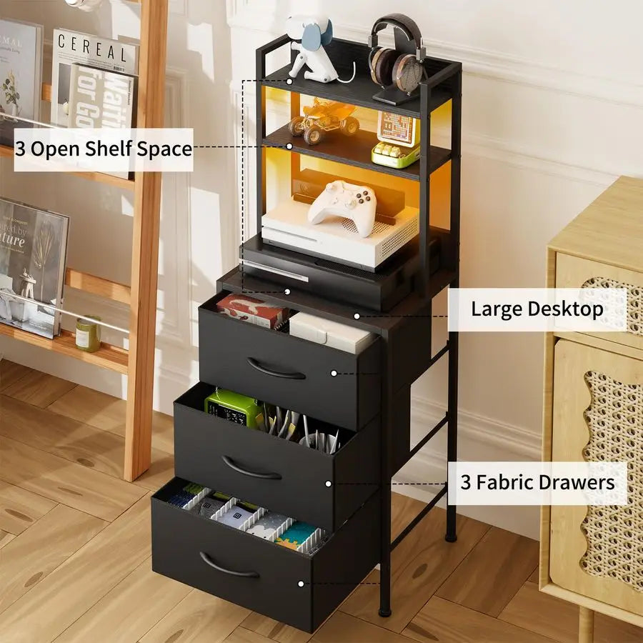 41 Inch Tall Nightstand with Charging Station, Led Night Stand with USB Port amp Socket, 3 PU Finished Fabric Storage Drawers,