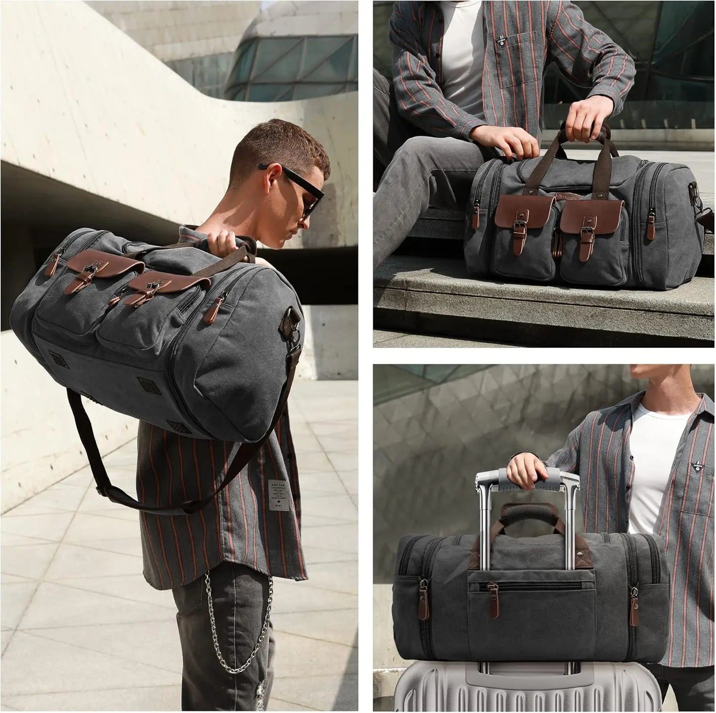 Expandable Canvas Leather Duffle Bag Waterproof With Shoe Compartment