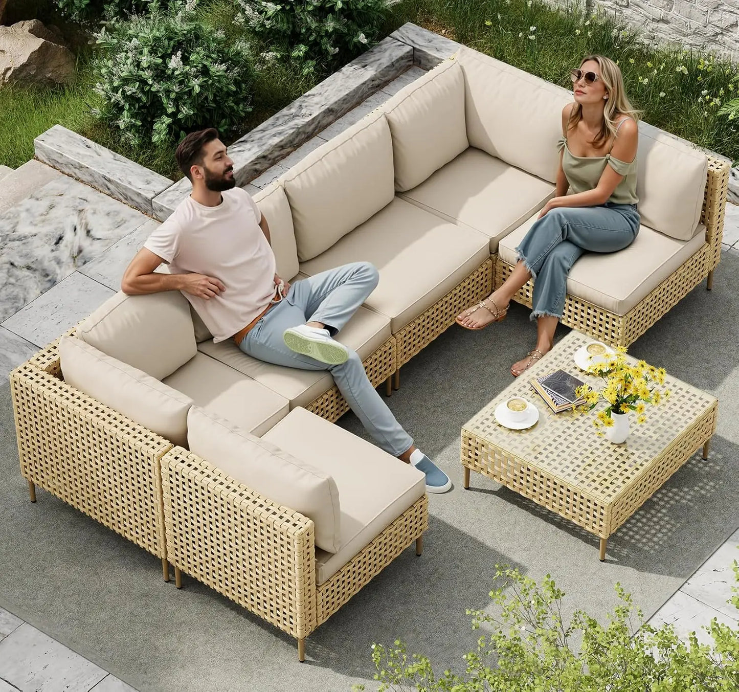 7 Piece Wicker Outdoor Sectional Sofa Set With Coffee Table