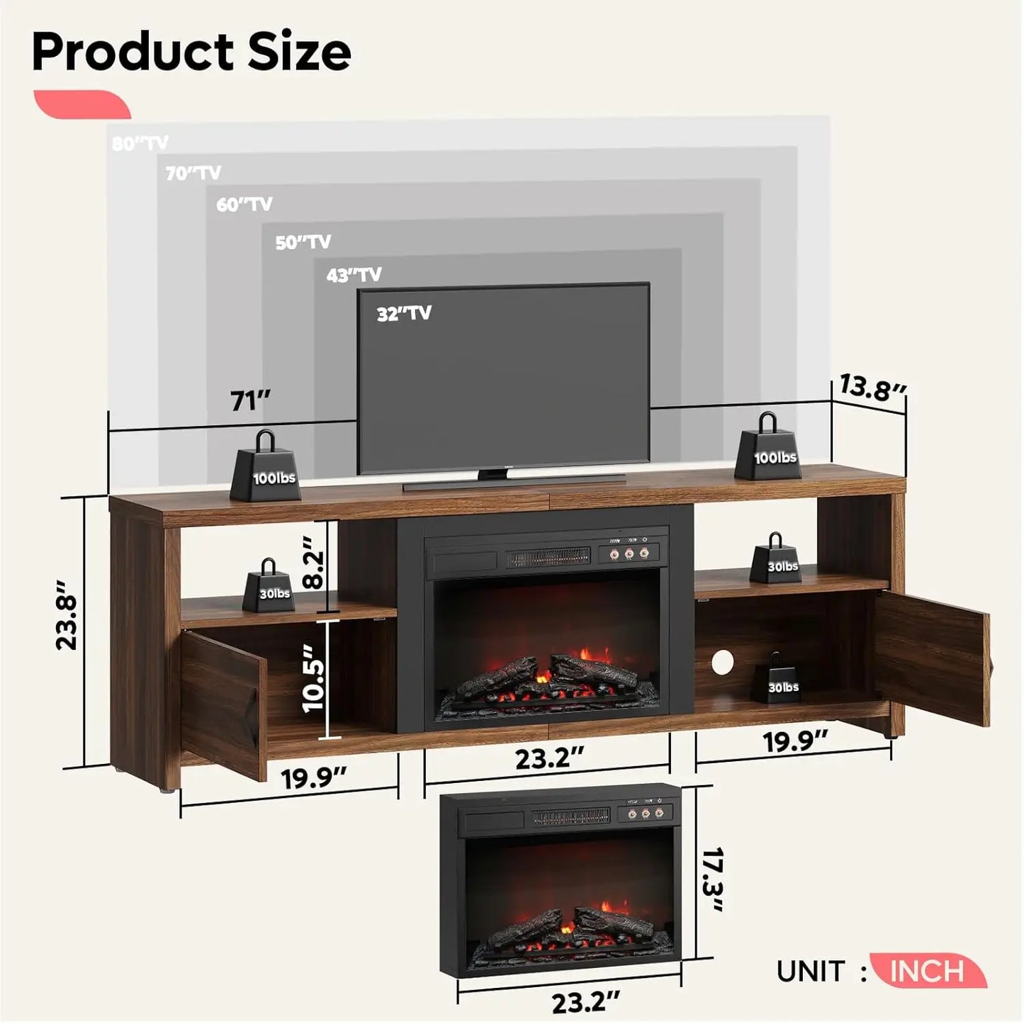 70" Electric Fireplace TV Stand for TVs Up to 75", Modern Fireplace Entertainment Center with Storage Cabinets, LED, Customized