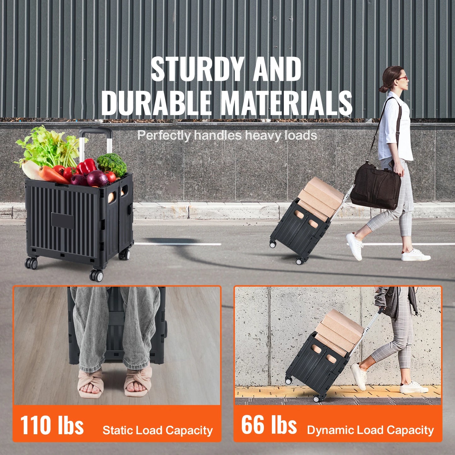 SucceBuy Foldable Utility Shopping Cart Folding Portable Crate Handcart with Telescope Handle Wheels for Travel Office Garden