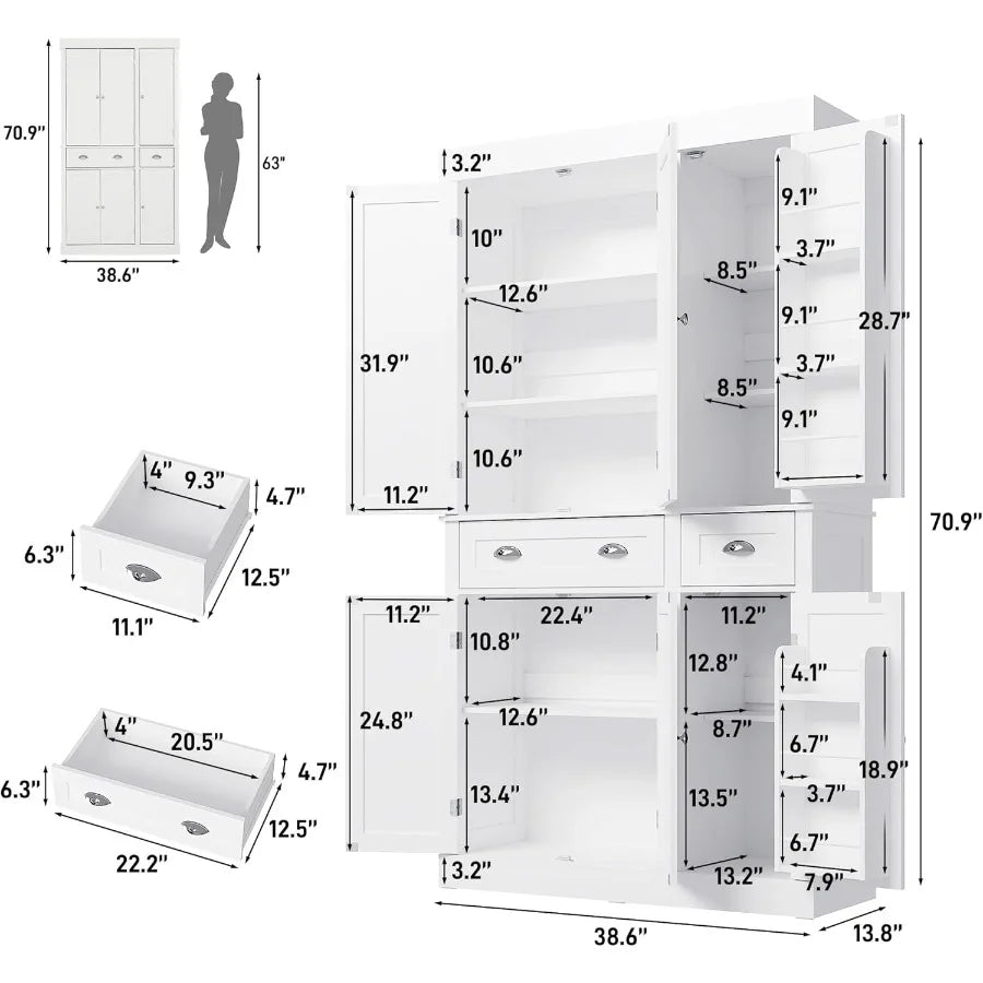 71 Tall Modern Kitchen Cabinet Pantry Storage with Doors and Adjustable Shelves Large Freestanding Food Pantry with 2 Drawers f