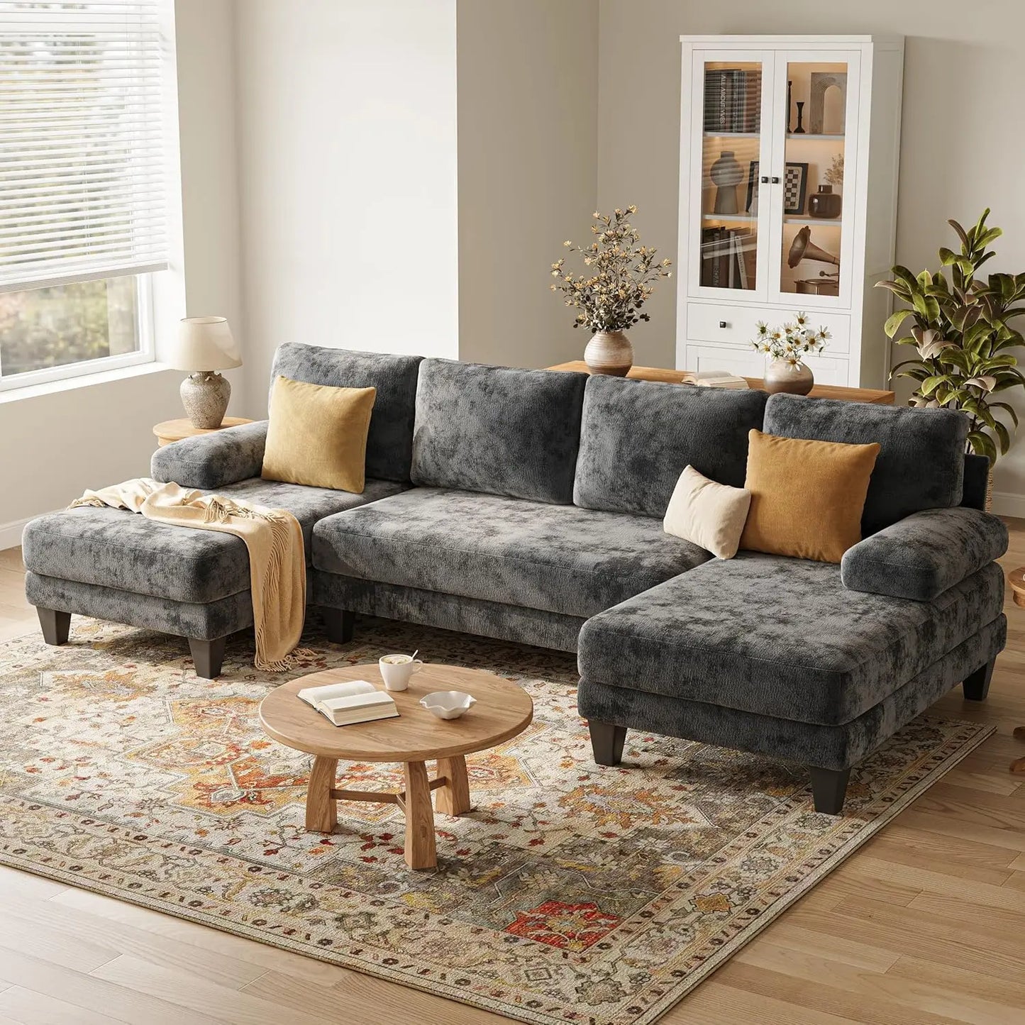 Chenille U Shaped Sectional Sofa With Double Chaise