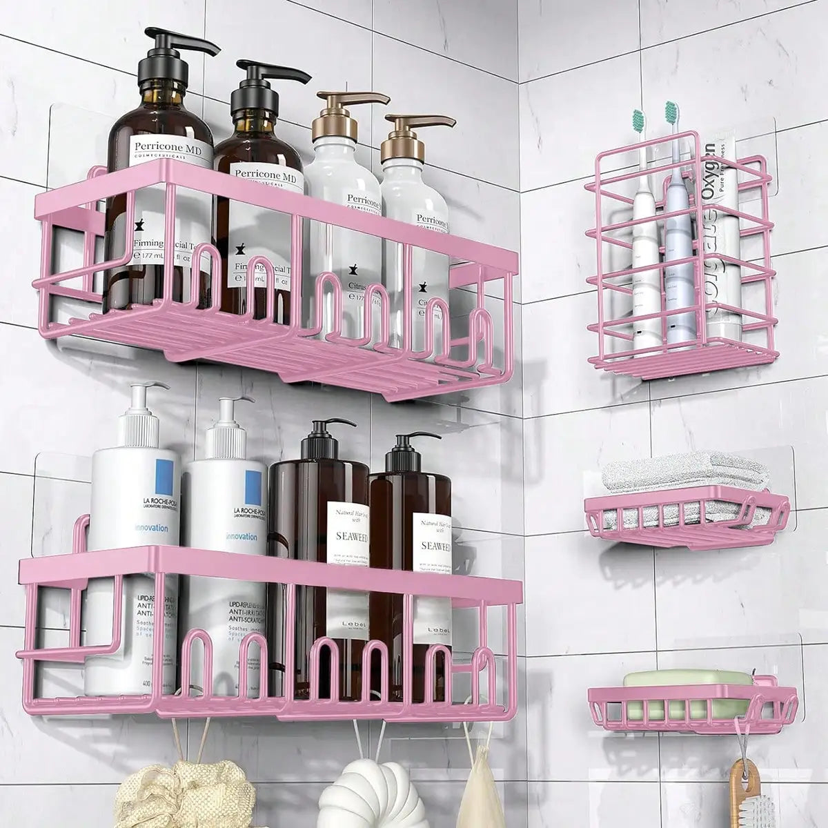5-Pack Rustproof Stainless Steel Adhesive Shower Caddy No-Drilling Bathroom Storage Shelves