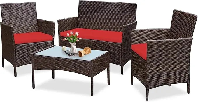 Outdoor Wicker Patio Conversation Set With Cushions And Glass Table