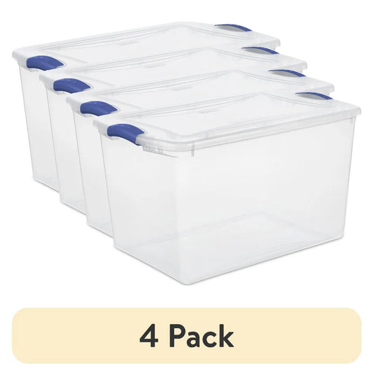 (4 pack) Sterilite Large Storage Bin, 66 Quart Clear Plastic Storage Container with Latch Lid, Blue