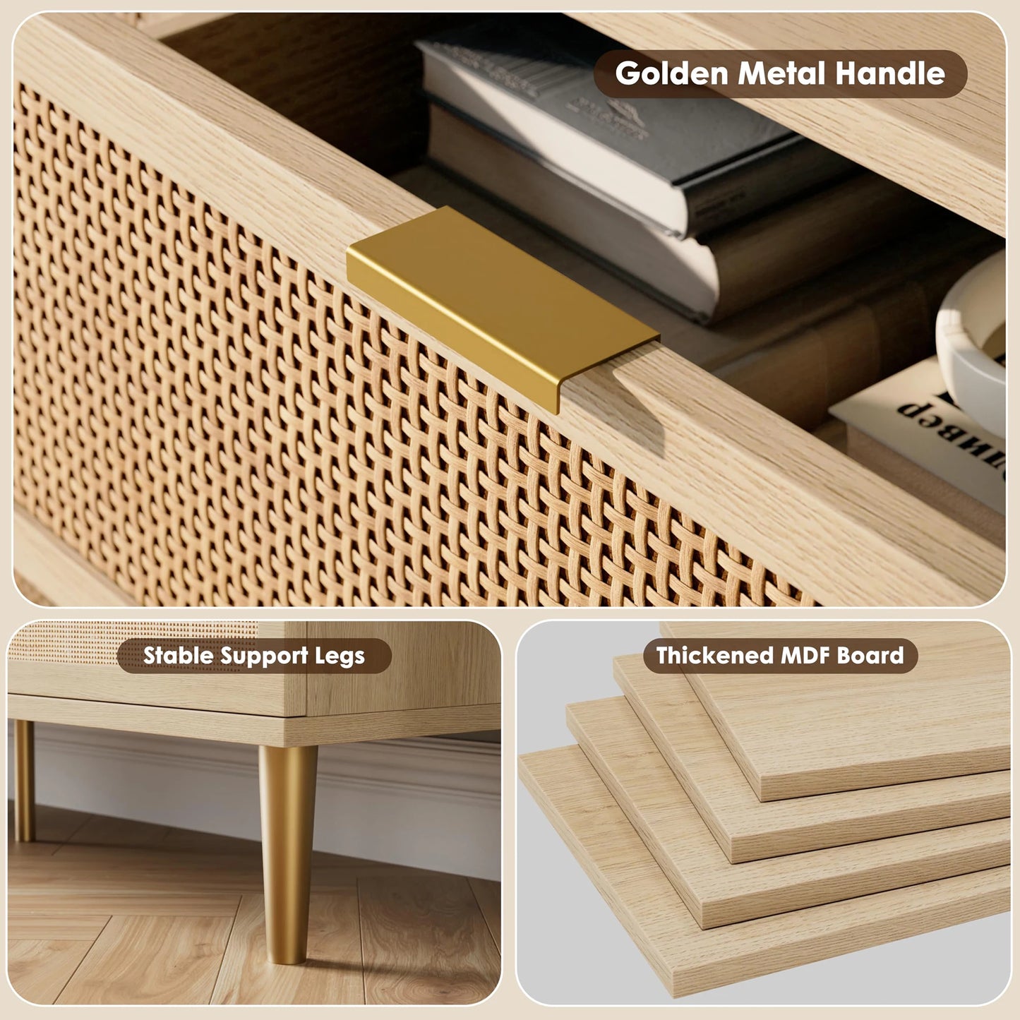 HiMISS 6-Drawer Rattan Dresser Hand Woven Wood Storage
